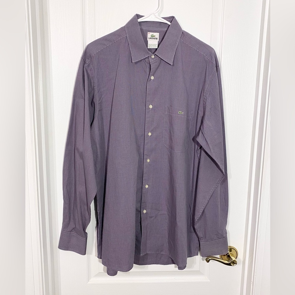 Lacoste Check Pattern Cotton Dress Shirt Purple Men’s 44 (XL)